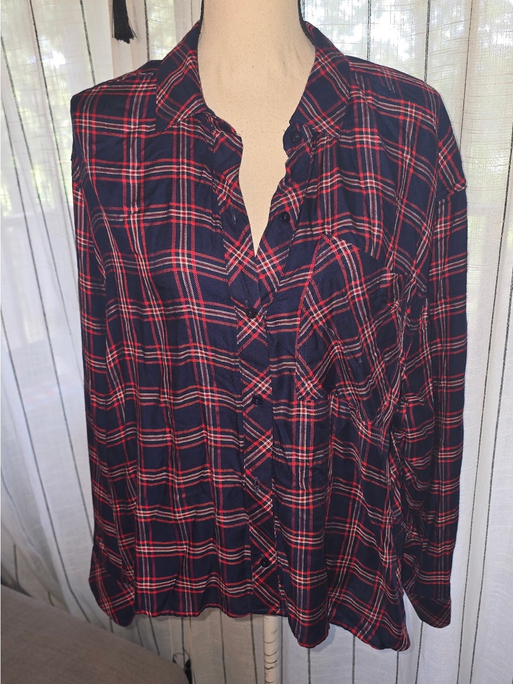 Zac & Rachel Navy and Red Plaid Ruffle-Front Button Down